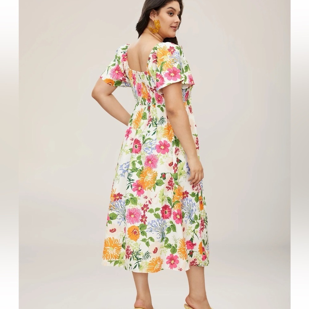 Floral Square-Neck Midi Dress in White with Multi-Color Print - Picture 2 of 7